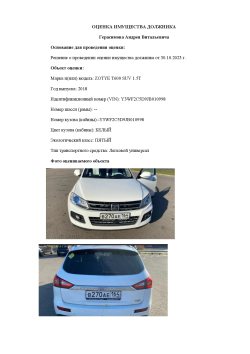 Автомобиль ZOTYE T600 SUV 1.5T, год выпуска: 2018, идентификационный номер (VIN):…