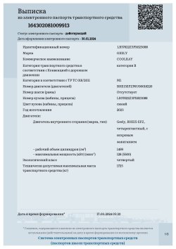 Автомобиль GEELY COOLRAY GEELY COOLRAY, год выпуска 2023, паспорт транспортного средства…